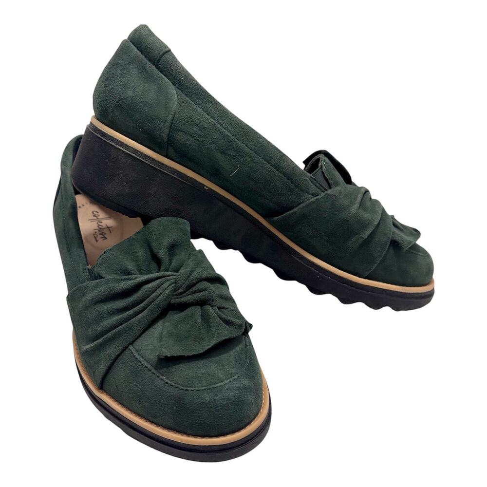 Clarks Sharon Dasher Suede Leather Wedge Loafers Green Size 8 New